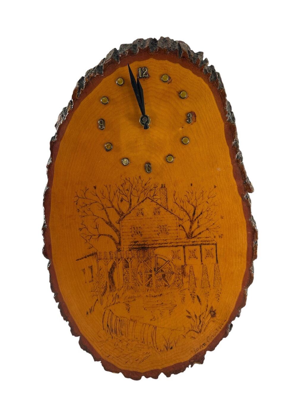 Vintage 1984 Live Edge Wood Slab Wall Clock Water Mill Pyrography Folk Art